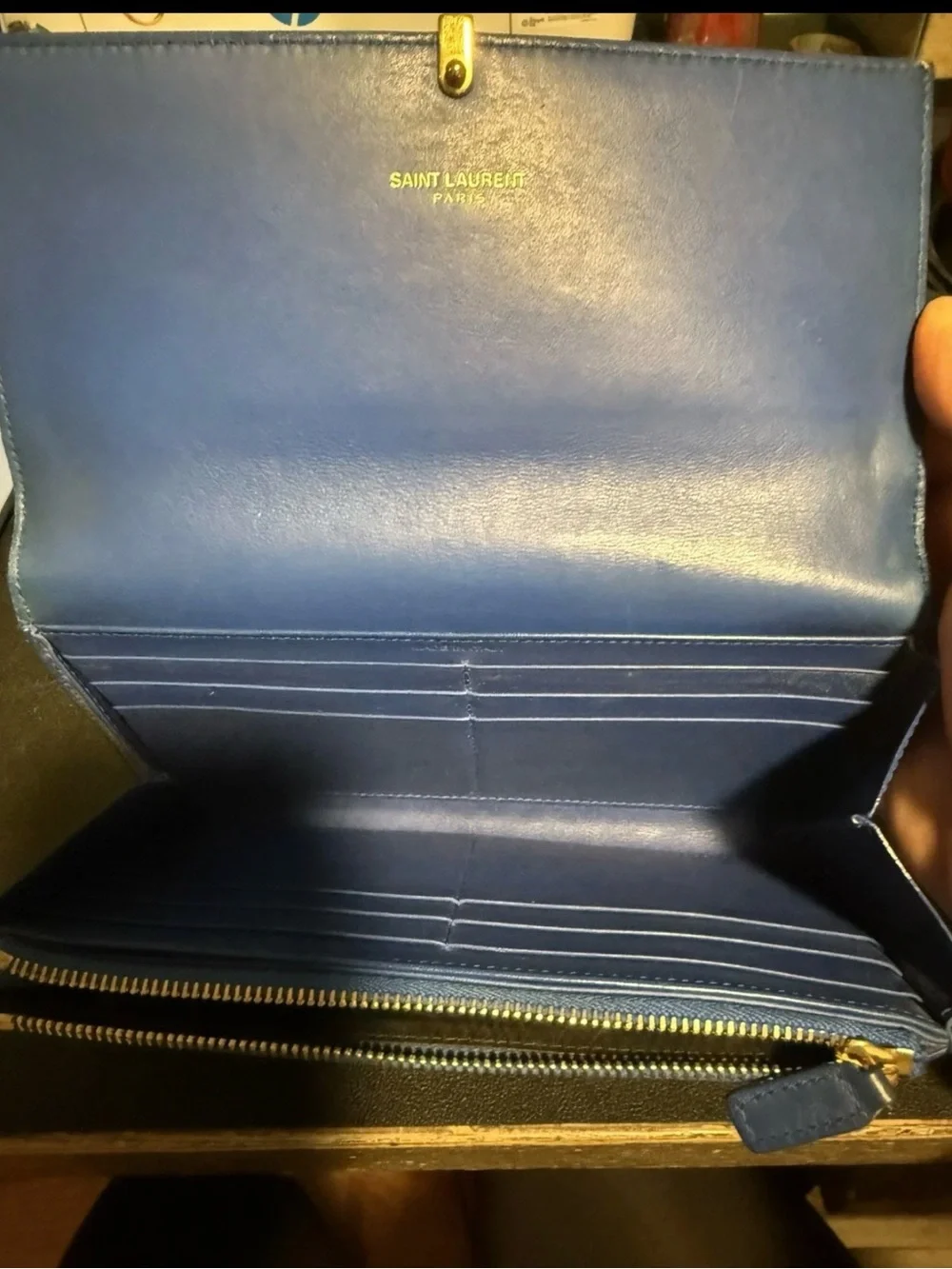 Saint Laurent YSL Classic Y Line Blue Leather Long Zip Wallet